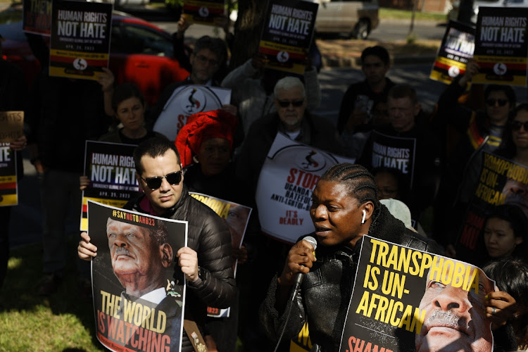 Micheal Ighodaro, an activist with Global Black Gay Men Connect, delivers remarks at a protest outside the Ugandan embassy in Washington, DC, the US. Picture: ANNA MONEYMAKER/GETTY IMAGES