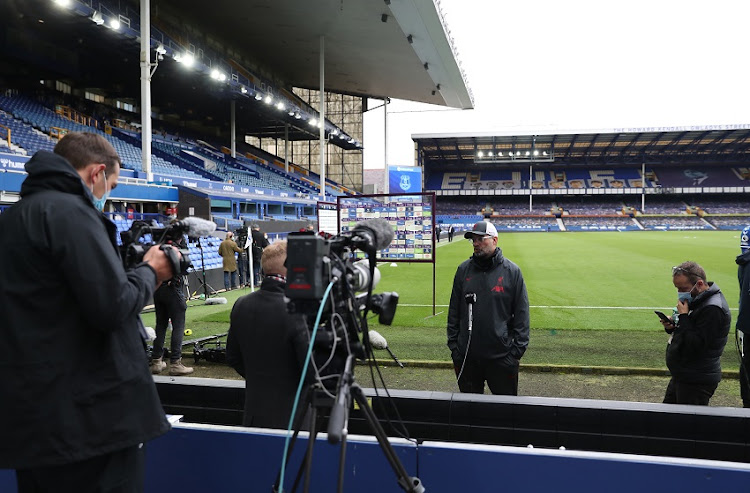 Jurgen Klopp, Manager of Liverpool talks to the media following the Premier League match between Everton and Liverpool at Goodison Park on October 17, 2020 in Liverpool, England. Sporting stadiums around the UK remain under strict restrictions due to the Coronavirus Pandemic as Government social distancing laws prohibit fans inside venues resulting in games being played behind closed doors.