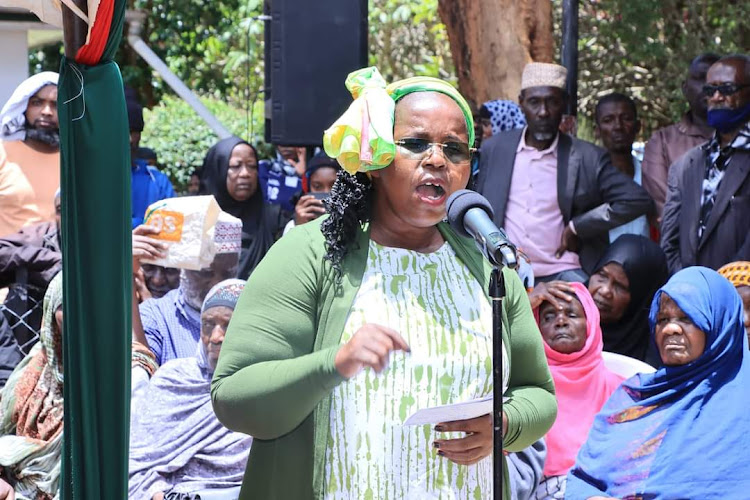 East African Community CS Penina Malonza speaking when she presided over a relief food donation exercise to the Muslim faithful at Machakos county commissioner Josephine Ouko's office grounds on March 25, 2024.