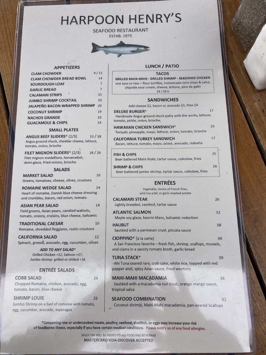 Harpoon Henry's Seafood Restaurant gluten-free menu