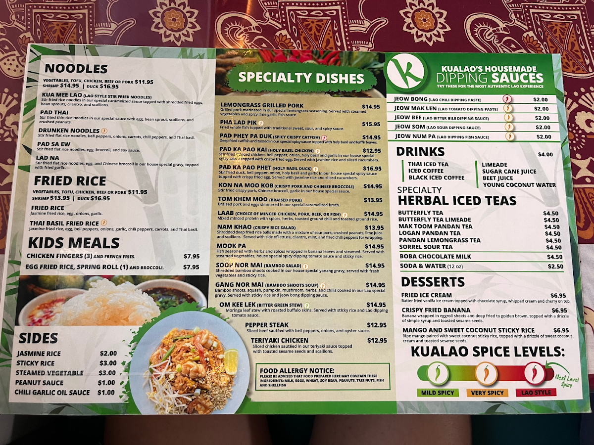 Kualao Lao Thai Cuisine gluten-free menu