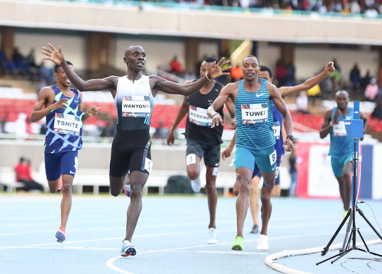 World Under 20 champion Emmanuel Wanyonyi celebrates as he crosses the finish line at Moi Stadium, Kasarani
