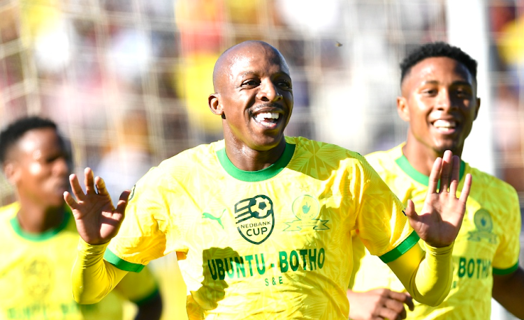 Khuliso Mudau of Sundowns celebrate after scoring a goal during their Nedbank Cup semi final match against Stellenbosch FC at Danie Craven Stadium on May 5 2024 in Stellenbosch. Picture: ASHLEY VLOTMAN/GALLO IMAGES