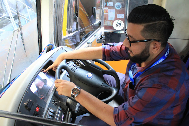 Scania East Africa sales manager Mohamed Ebrahim shows dashboard of a modernized bus at the the Industrial area offices on January 21, 2020