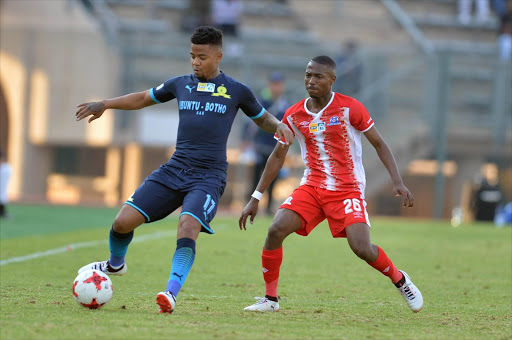 George Lebese of Sundowns and Bandile Shandu of United during the MTN 8 quarter final match between Mamelodi Sundowns and Maritzburg United at Lucas Moripe Stadium on August 13, 2017 in Pretoria, South Africa. (Photo by Lefty Shivambu/Gallo Images)
