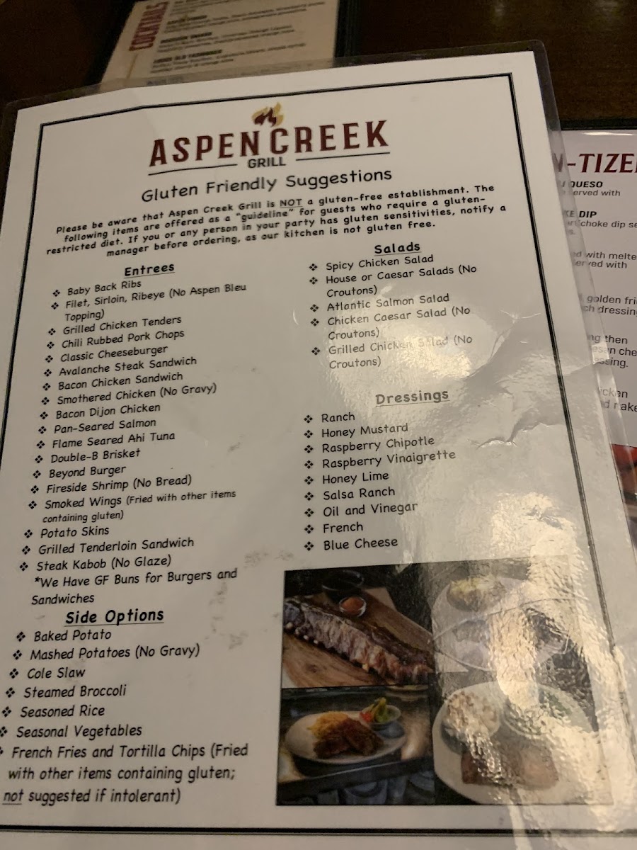 Aspen Creek Grill gluten-free menu