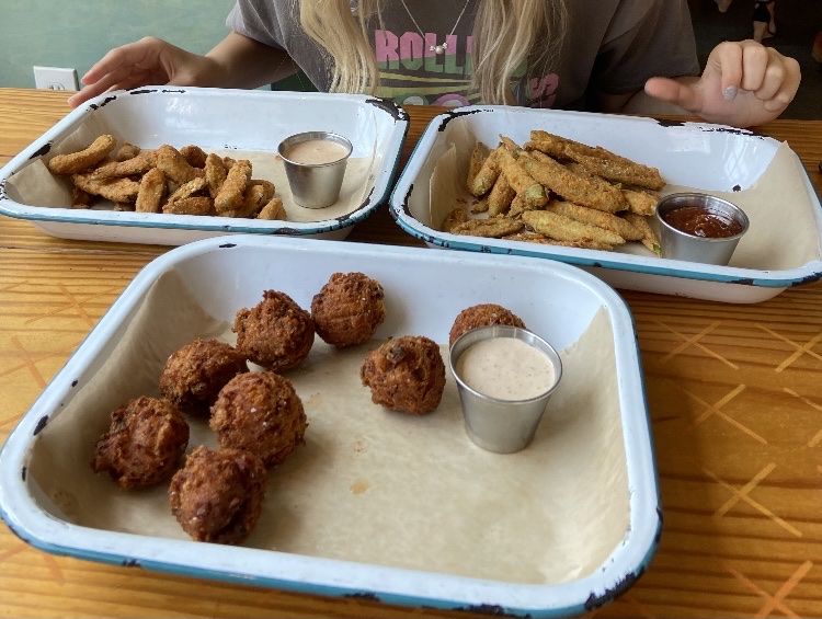 Top left fried pickles, top right fried okra, bottom hush puppies