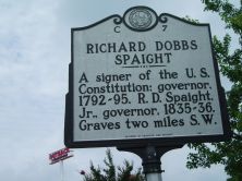 A signer of the U.S. Constitution; governor, 1792-95. R. D. Spaight, Jr., governor, 1835-36. Graves two miles S.W.Plaque via North Carolina Highway Historical Marker Program, and is used with...