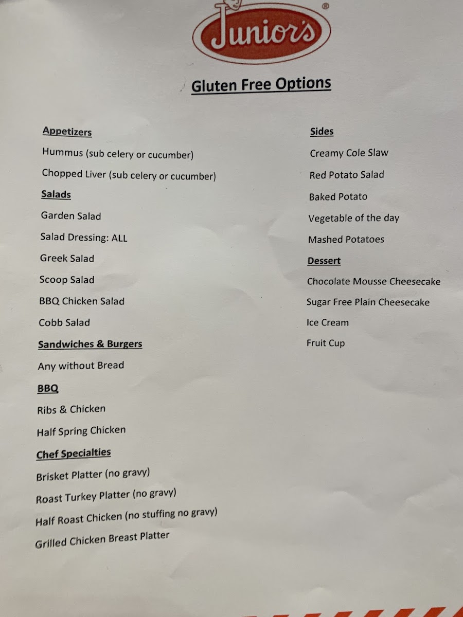 Gluten Free menu at Junior’s, December 2019