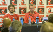 Captain Warren Whiteley of the Lions with Coach Swys de Bruin of the Lions during the Emirates Lions press conference at Emirates Airline Park on July 12, 2018 in Johannesburg, South Africa. 