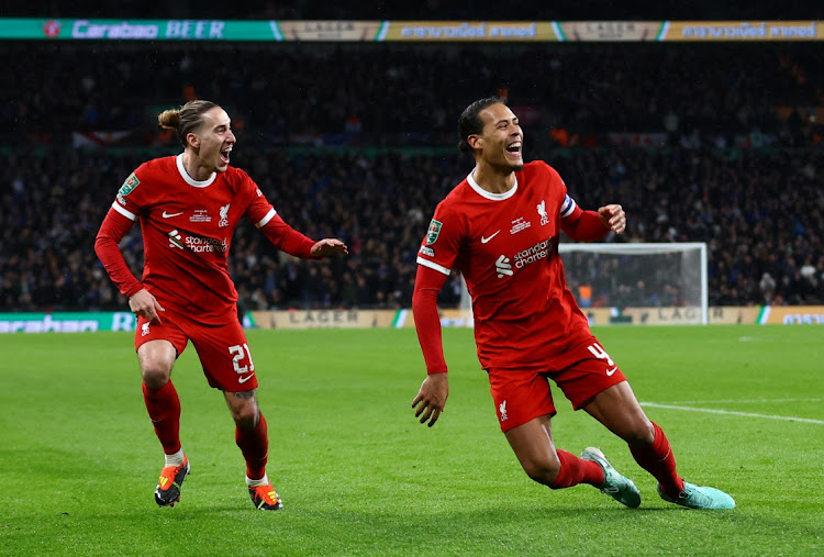 Liverpool's Virgil van Dijk celebrates scoring their first goal against Chelsea at Wembley Stadium in London, Britain, February 25 2024. Picture: MATTHEW CHILDS/ACTION IMAGES/REUTERS