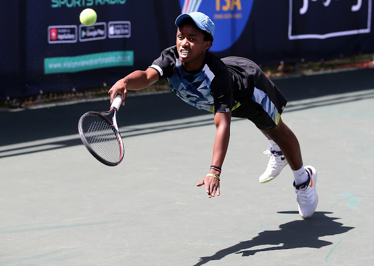 Kholo Montsi in action against the 7th seeded Marco Brugnerotto of Italy in the 1st round of the men’s singles during day 2 of the SA Spring Open at Ellis Park Tennis Centre in Johannesburg on September 25, 2019.