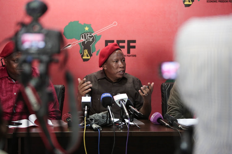 EFF leader Julius Malema speaks to members of the media about his political party’s stance to the DA leadership in Nelson Mandela Bay and Tshwane at their offices in Braamfontein, Johannesburg.