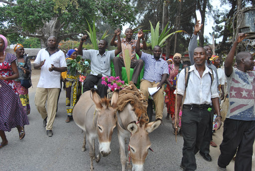 KADU Asili Canidate in the Malindi By Elections Reuben Katana Mwamure (C) with Party leader and Kaloleni MP Gunga Mwinga (Second right) and their supporters ride in a donkey after he was cleared by the IEBC./FILE