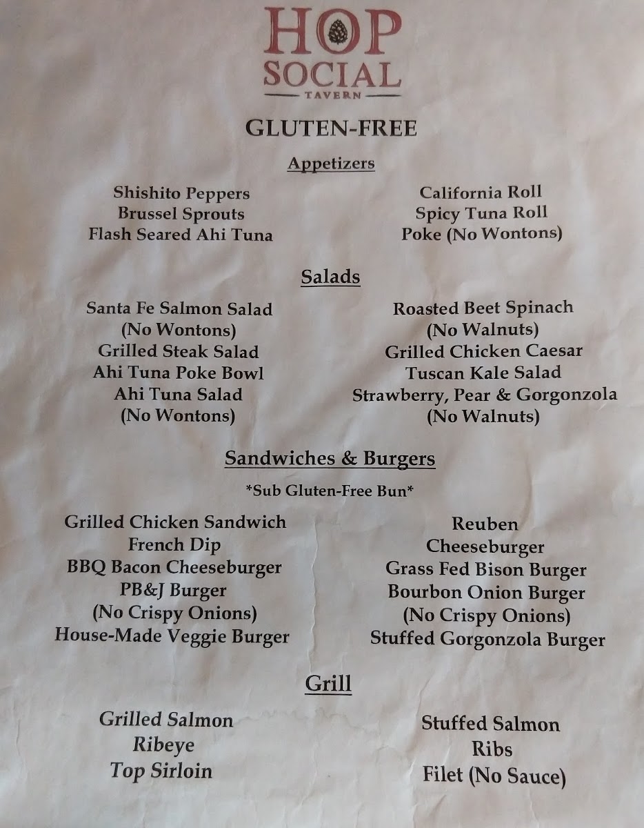 Gluten-Free Menu