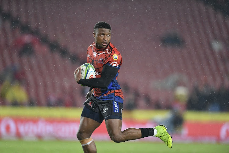 Aphiwe Dyantyi of the Emirates Lions during the Super Rugby match between Emirates Lions and Cell C Sharks at Emirates Airline Park on April 05, 2019 in Johannesburg, South Africa.