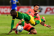 Ronwen Williams of Mamelodi Sundowns challenges Knox Mutizwa of Lamontville Golden Arrows in the DStv Premiership match at Mpumalanga Stadium in Hammarsdale, outside Durban, on Wednesday night.