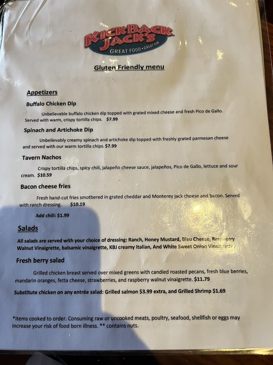 Kickback Jack's gluten-free menu