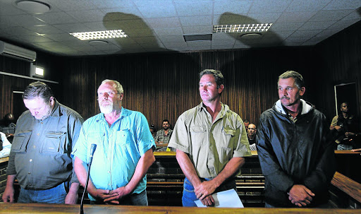 From the left are Hein Boonzaaier , Johan Prinsloo, Mark Trollip and Martin Keevy who are accused of plotting to bomb the ANC’s 53rd National Elective Conference at the University of the Free State in Bloemfontein. The four were arrested on Friday night in a joint Hawks and Task Team operation and appeared in the Bloemfontein Magistrates Court on Tuesday