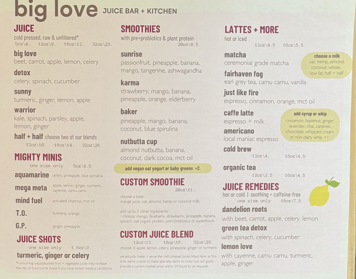 big love juice bar + kitchen gluten-free menu