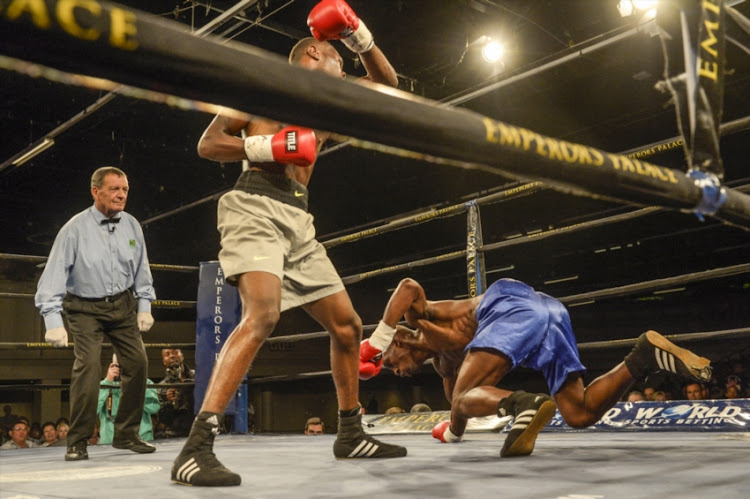 Jabulani Makhense and Sebohlelo Nzimande in the super lightweight division during the Showstoppers boxing event at Emperors Palace on April 23, 2017 in Johannesburg, South Africa.