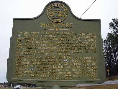 On the night of Nov. 23, 1864, Hq. 17th Corps [USA] , Maj. Gen. F. P. Blair, USA, was established at McIntyre (old Station No. 16, CRR), 2 miles NE, after moving forward from Gordon (old No. 17)...