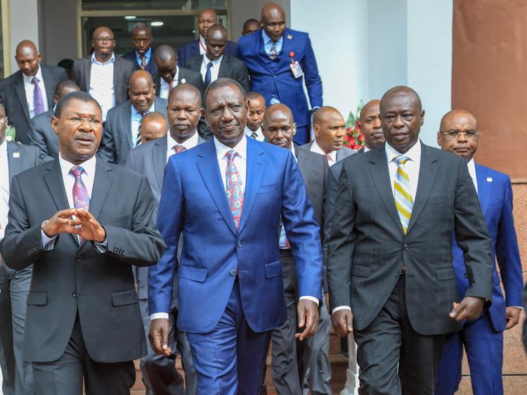 President William Ruto, his deputy Rigathi Gachagua (right) and National Assembly Speaker Moses Wetang'ula (left) during opening of Bunge Tower on April 25, 2024.