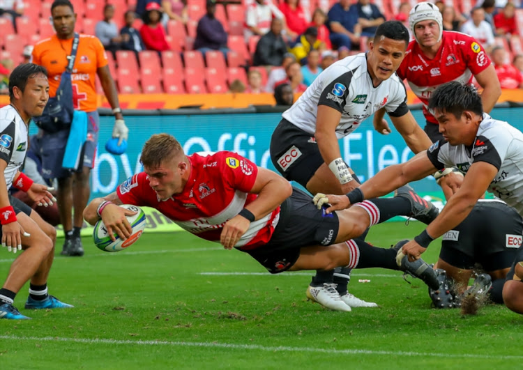 Malcolm Marx scores a try during the Super Rugby match between Emirates Lions and Sunwolves at Emirates Airline Park on March 17, 2018 in Johannesburg, South Africa.