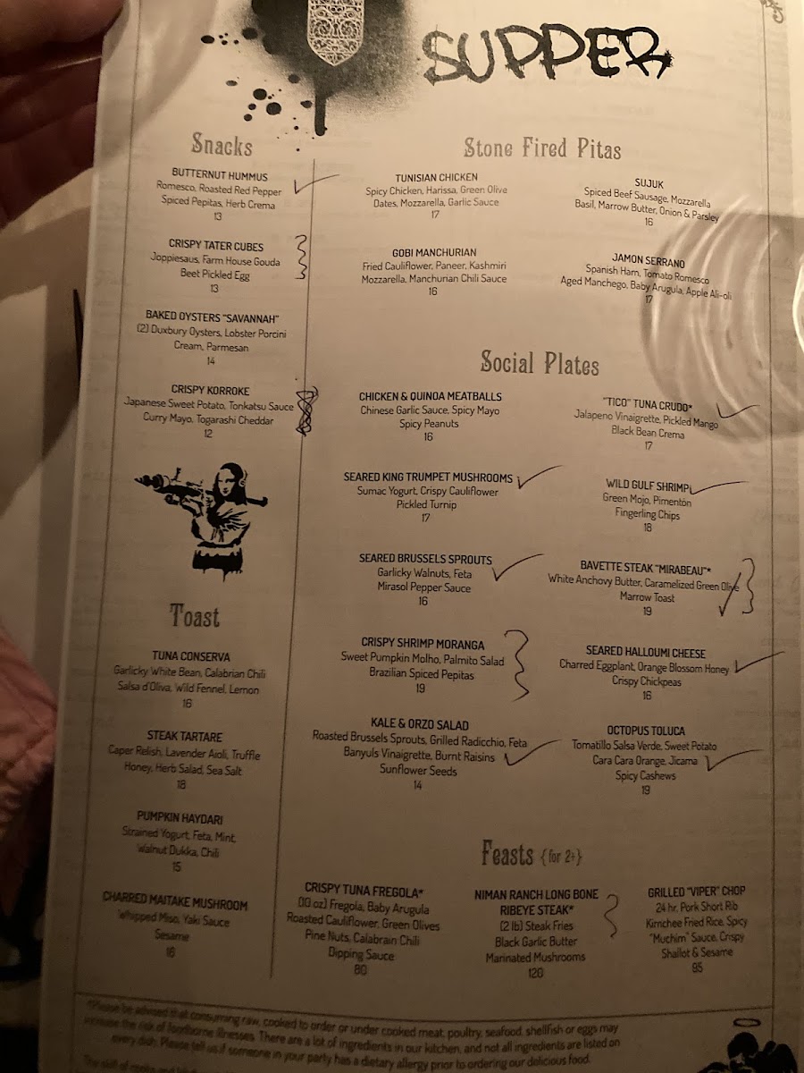 The items with a check could be made GF the items with a squiggly line could be made GF if cross contamination was ok (one person in my party ests GF but is not sensitive to cross contamination- not celiac)