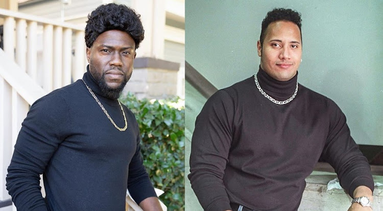 Comedian Kevin Hart, left, and the inspiration for his 2019 Halloween costume: a cringe-worthy photo of Dwayne 'The Rock' Johnson from the '90s.