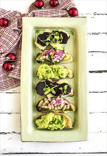 Bruschetta with a trio of posh toppings A colourful and tasty Italian-inspired snack that works well as a starter. These crisp slices of toasted bread are topped with Roast beetroot and goat's cheese, Pea hummus and Marinated white beans and cucumber.