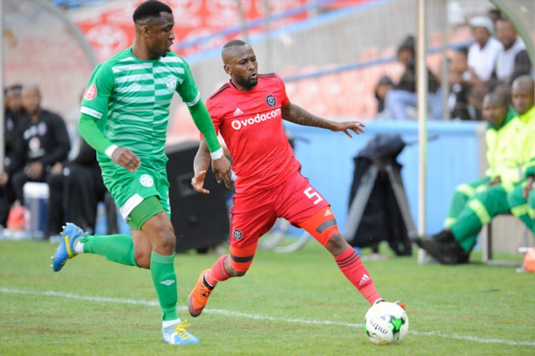 Mpho Makola of Orlando Pirates and Alfred Ndengane of Celtics during the Absa Premiership match between Bloemfontein Celtic and Orlando Pirates at Free State Stadium on August 19, 2018 in Bloemfontein, South Africa.