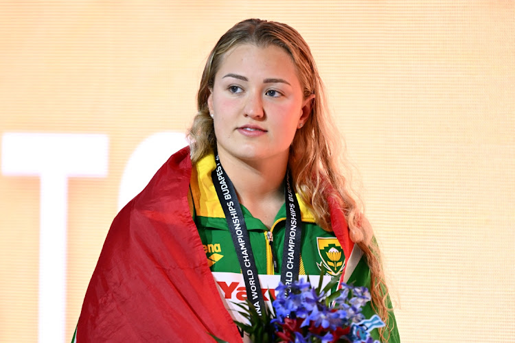 Lara van Niekerk looks on during the medal ceremony for the women's 50m breaststroke in Budapest.