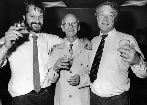 February 28, 1992. EDITORS ALL IN A ROW: Mark van der Velden, David Friedman and Ed Linington on February 28 1992 Picture: JOE SEFALE. Pic: Joe Sefale. © Sunday Times