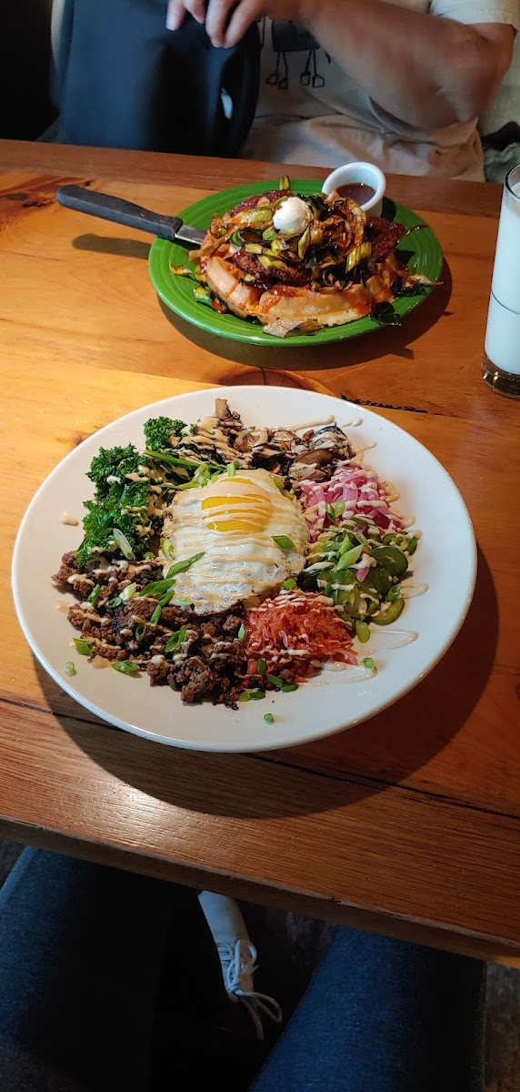 The bibimbop (Korean) plate. In the background is my gluten-eating companion's chicken and waffles dish.