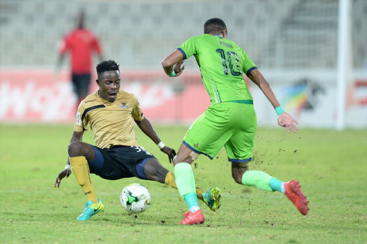 Gerald Phiri of Platinum Stars and Tsheamo Mashoene of Black Leopards during the National First Division, Promotion and Relegation Playoff match between Platinum Stars and Black Leopards at Moruleng Stadium on May 26, 2018 in Rustenburg, South Africa.