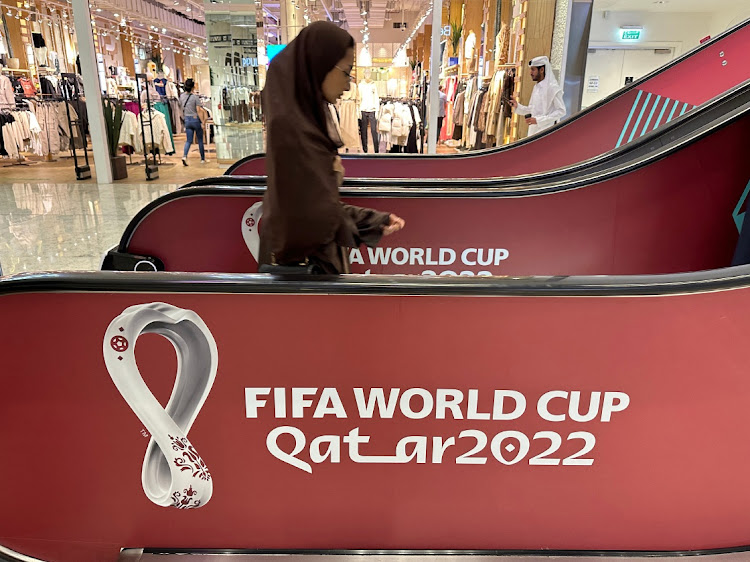 World Cup branding seen on an escalator inside the Mall of Qatar.