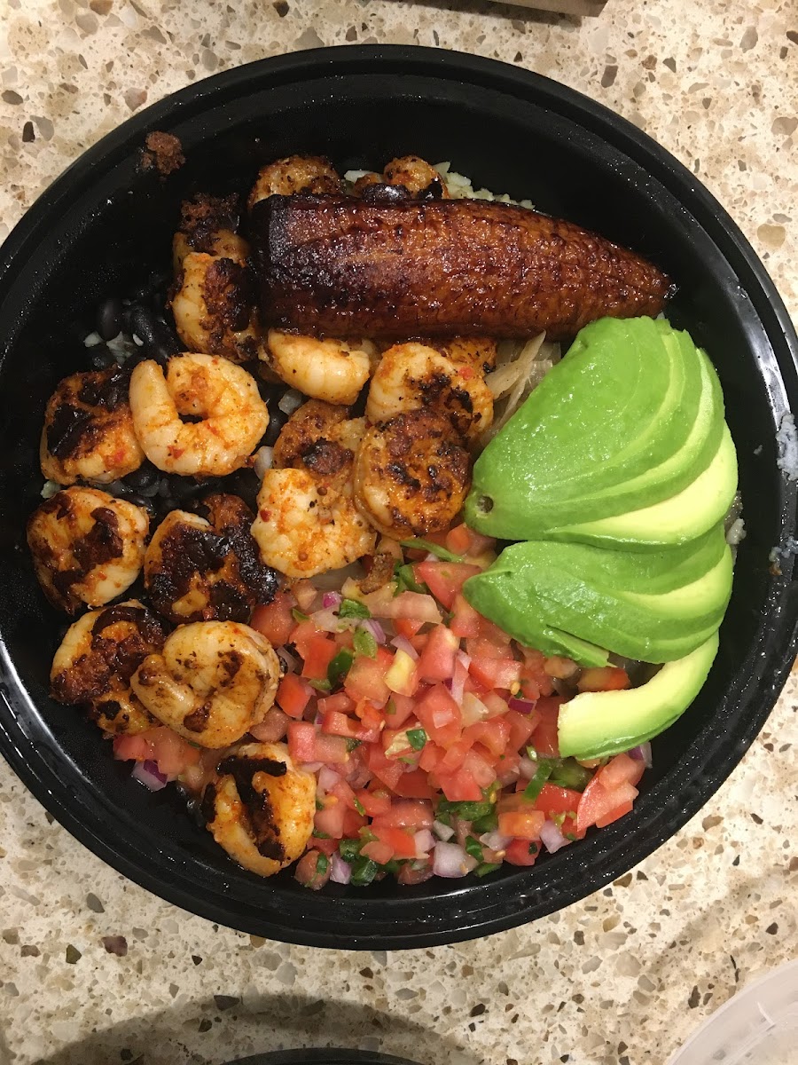 Chili marinated shrimp platillo (yes- even the sweet plantain is prepared in a dedicated fryer)