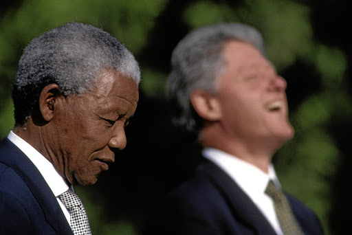 Former president Nelson Mandela during welcoming ceremonies at the Clinton White House in 1994.