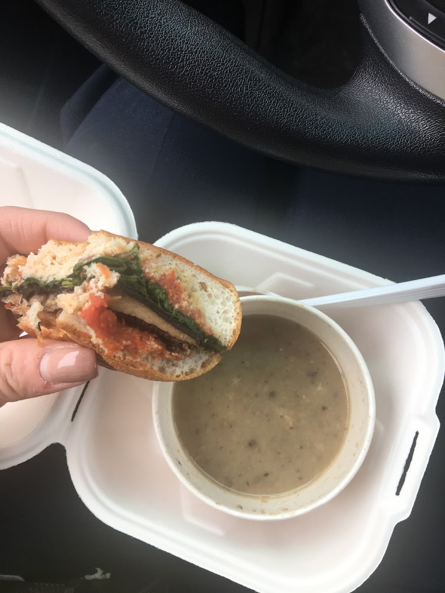 Portobello panini on GF bun and mushroom bisque soup.