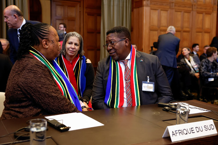 Ramaphosa's legal advisor, Nokukhanya Jele, Naledi Pandor and South African Ambassador to the Netherlands Vusimuzi Madonsela speak at the ICJ hearing. Picture: PIROSCHKA VAN DE WOUW