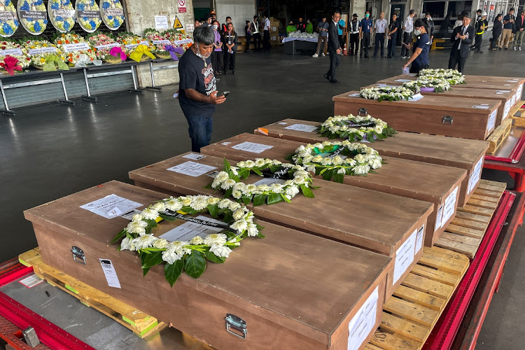 Coffins carrying bodies of Thai migrant workers, who were killed in an attack by the Palestinian militant group Hamas on Israel, arrive at Bangkok's Suvarnabhumi Airport, Thailand, October 20 2023. Picture: REUTERS