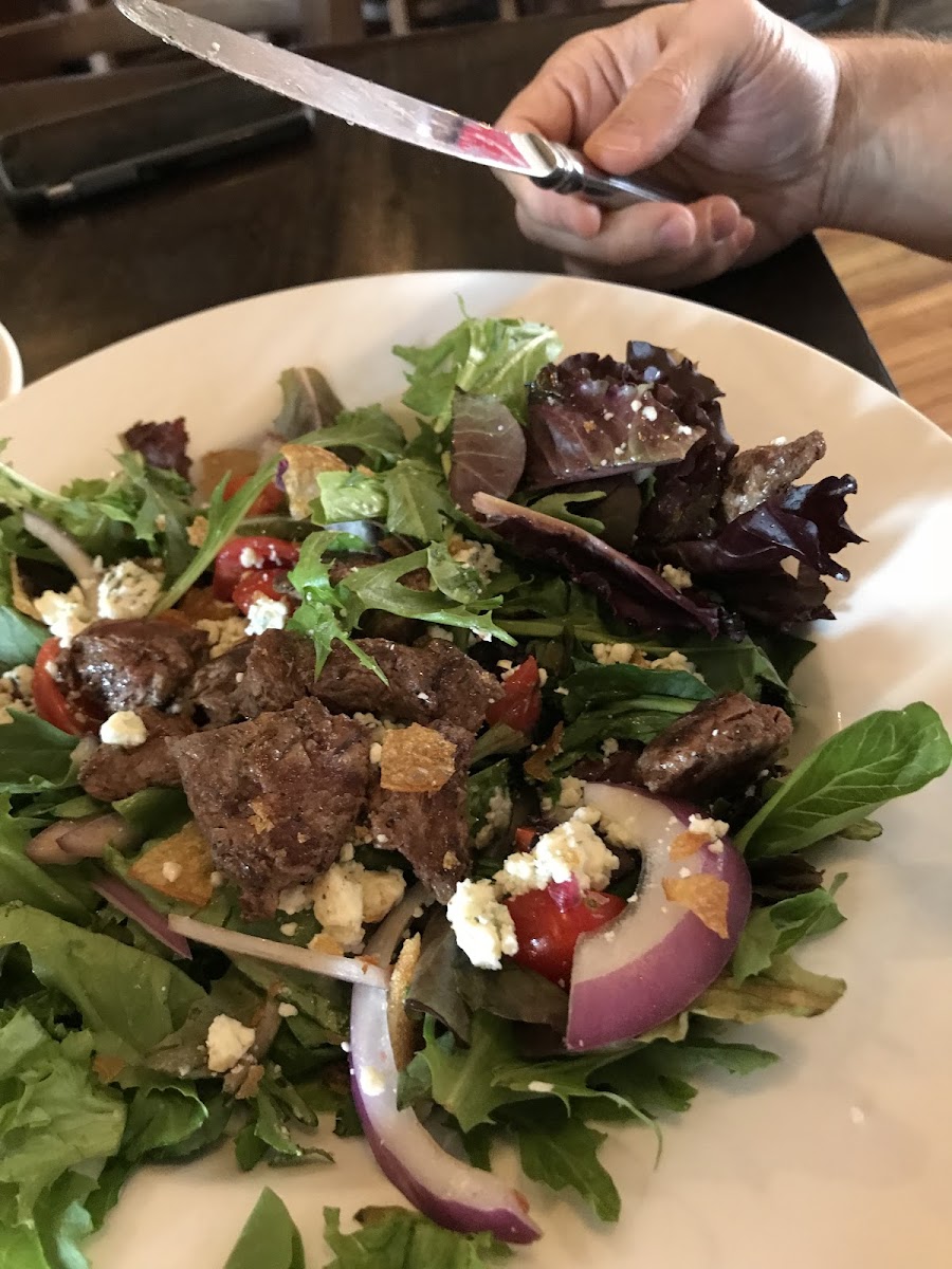 This Beef Tip Salad was tasty but seemed smaller than the cobb salad we also ordered. Still glad we got it though.  May want to ask staff if sizes of salads vary if you are really hungry.