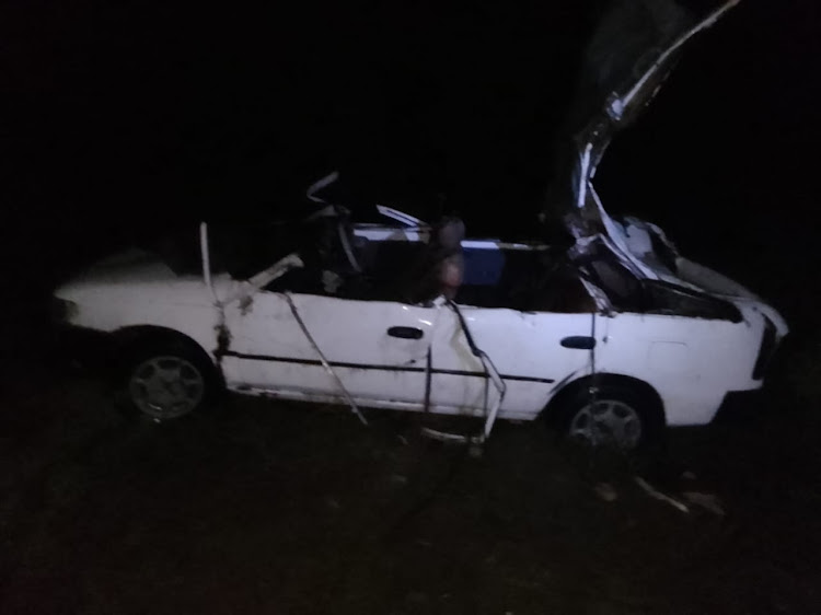 A wreckage of the car in which three died and another went missing after they were swept by flood waters in Manyanzaani River in Kalama, Machakos County on April 26, 2024.