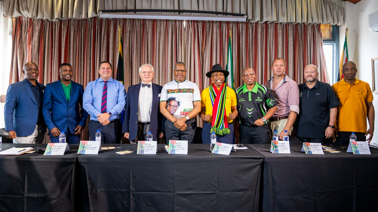 From left, Modiri Desmond Sehume of the United Christian Democratic Party, Prince Nkwana of the Unemployed National Party, John Steenhuisen of the DA, Jannie Rossouw, Velenkosini Hlabisa of the IFP, Zukile Luyenge of the Independent SA National Civic Organisation, Herman Mashaba of ActionSA, Winston Coetzee of the Spectrum National Party, Neil de Beer of the United Independent Movement, and Mahlubi Madela of the Ekhethu People's Party. Picture: GALLO IMAGES/DARREN STEWART