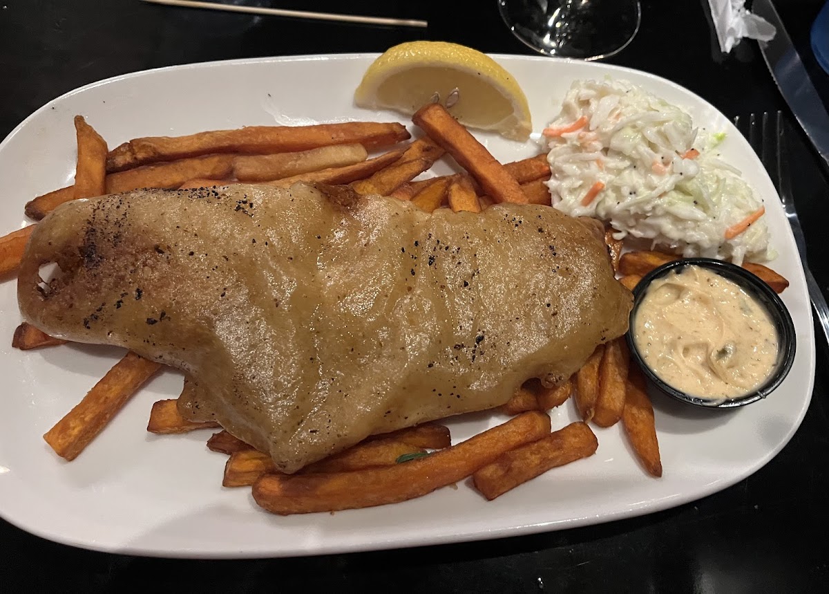 Fish and chips.  Subbed sweet potato fries.  New owners have changed the fish coating.  This one was a little greasy but the fish was good.
