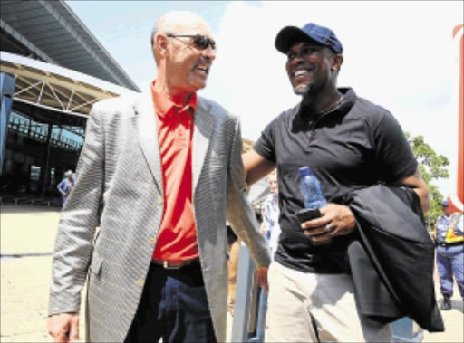 ALL SMILES: Liverpool legend Bruce Grobbelaar with Kaizer Chiefs legend Brian Baloyi on their arrival at King Shaka International Airport yesterdayPhoto: Thuli Dlamini