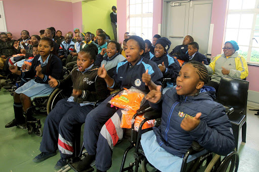 Happy pupils at Vukuhambe Special School after Airport Company South Africa handed over 10 wheelchairs valued close to R200 000. Picture: SIBONGILE NGALWA