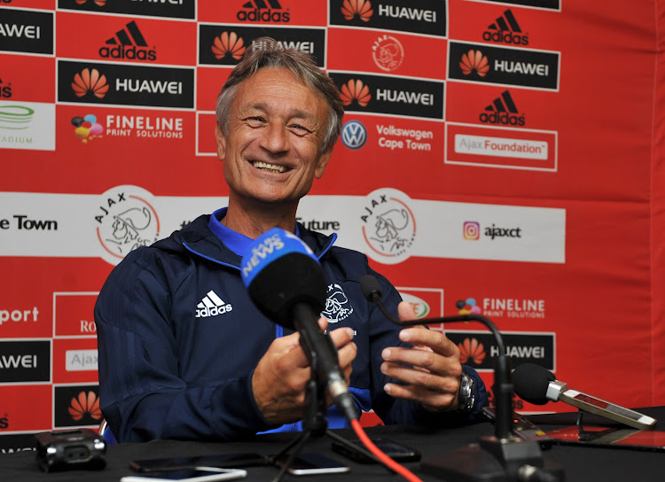 Ajax Cape Town head coach Muhsin Ertugral in a jovial mood during his press conference ahead of the Absa Premiership clash at home against Kaizer Chiefs at the Cape Town Stadium on Saturday May 12 2018.