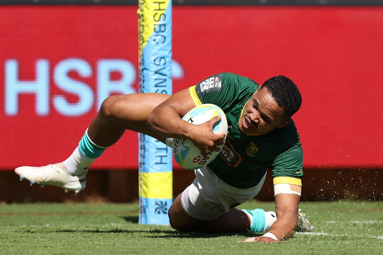 The Blitzboks' Donavan Doncof crosses for a try in their 2024 Perth SVNS men's fifth place playoff match against France at HBF Park in Perth on Sunday.